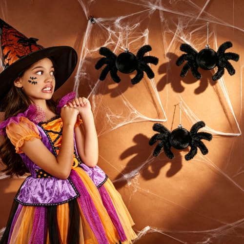 Halloween Spider Tree Decorations Set - 12 Black Fluffy Ornaments for Holiday Decor