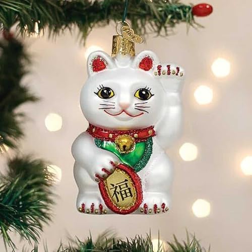 Lucky Cat Glass Ornament - Handcrafted Maneki Neko Christmas Tree Decoration