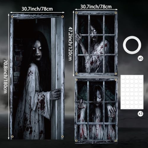 Halloween Window Curtain Cover - Scary Female Ghost Poster, 3 Pieces, Spooky Decor