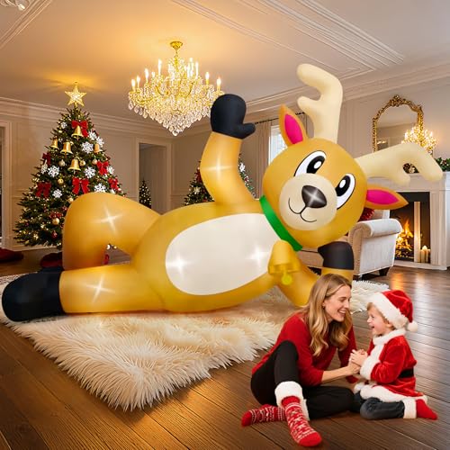 Kalolary 10.5FT Long Christmas Inflatable Reindeer Lying Outdoor Decoration - With Lights