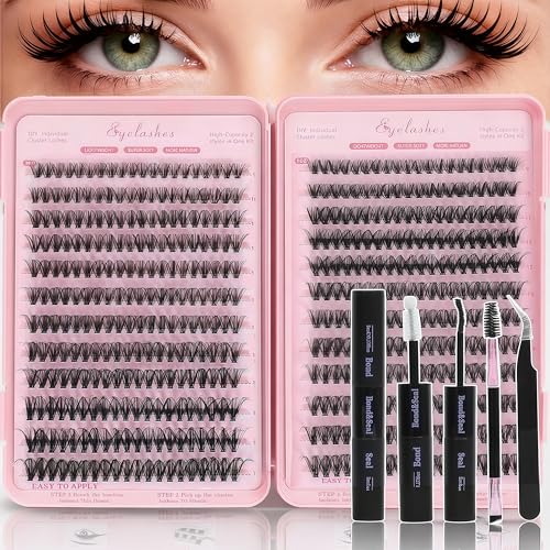 Lash Clusters Kit, Eyelash Clusters Individual Lash Extension Kit Pcs D Curl Fluffy Wispy False Eyelashes Extensions Thin Band with Bond Seal Tweezers Brush Removers (30D+40D KIT 9-16mm)