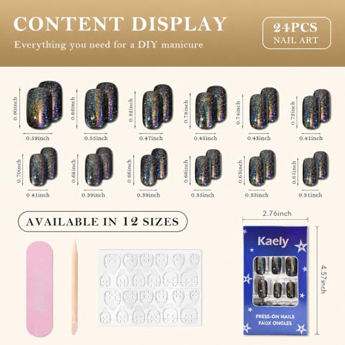 Black Chrome Metallic Cat Eye Press-On Nails Medium Square - 24 Pack, Variation of Medium Square-01 Black Colorful
