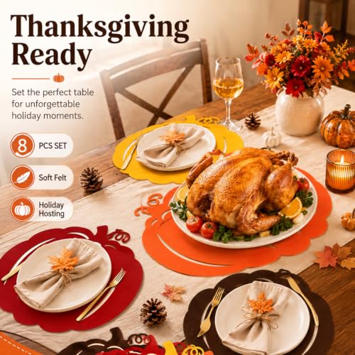 Fall Pumpkin Placemats Set of 8 - Thanksgiving Harvest Felt Table Mats