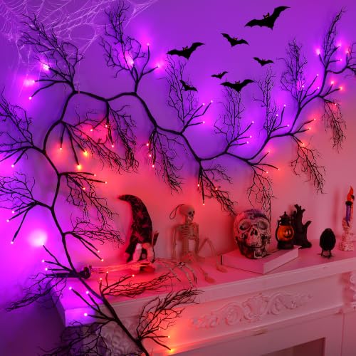 9Ft Lighted Halloween Garland Set C with 66 LED Orange & Purple Lights, 8 Modes & Timer