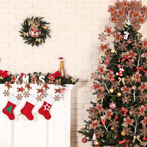 Gingerbread Man Christmas Tree Picks Set - Holiday Snowflake Felt Ornaments, 17 Inch Xmas Decor
