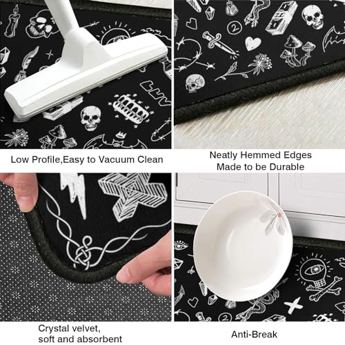 Gothic Rug Set of 2 - Black Kitchen Mats with Rubber Backing & Non-Slip - Variation: Gothic