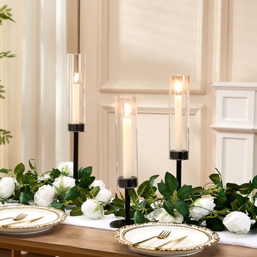 Black Hurricane Glass Candle Holders Set of 6 Tall Taper Candlestick Holders - Black / 6