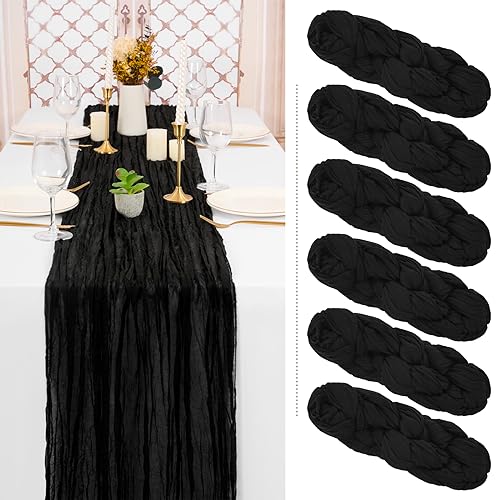 Black Cheesecloth Table Runner Set - 6 Pack Extra Wide 35x120 Inch - Bohemian Wedding Decor