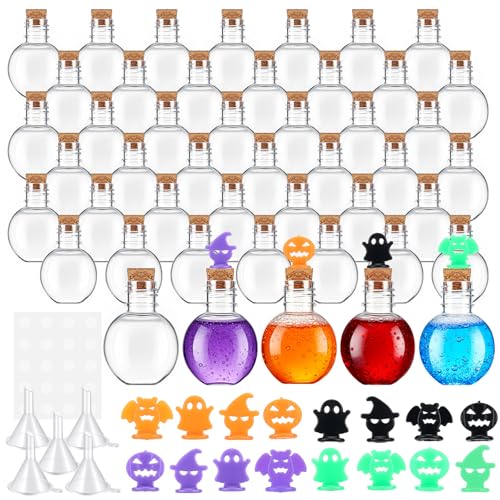 Mini Halloween Potion Bottle Set - 36 Spherical Plastic Decor Jars with Corks - Spooky Party Favors