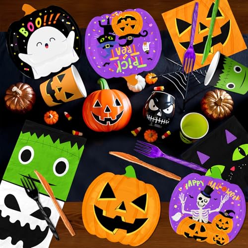 Halloween Paper Plates Napkins Cups Forks Party Supplies 144Pcs Spooky Decor