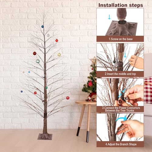 Brown 6FT Lighted Birch Tree with 1300 LEDs, Twinkle Lights, Timer, Waterproof Indoor Outdoor Christmas Decoration - Multifunction