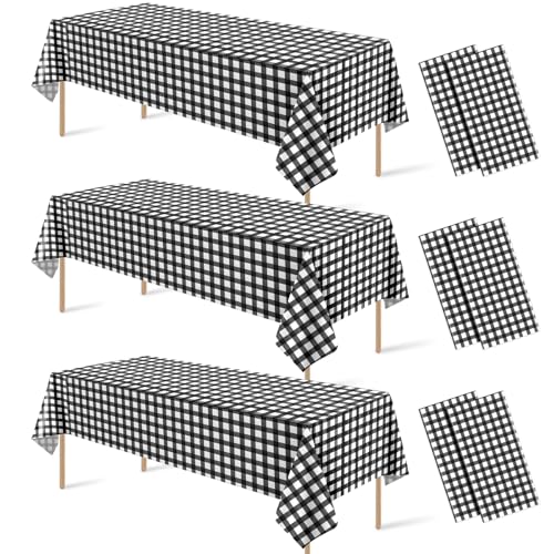 Black and White Gingham Disposable Tablecloths - 6 Pack, 54x108 Inches - Black / 6