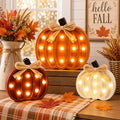 Novabright 3-Piece Fall Wooden Pumpkin Decor Set - White, Orange, Brown, 4in+6in+8in with LED Lights