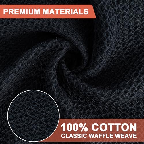 Kitchen Dish Towels 4-Pack Black Cotton Waffle Weave 13x28 Inches - Upgraded Absorbent & Durable