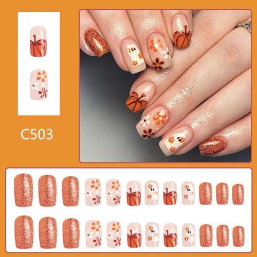 Halloween Press On Nails Short Square Fake Nails with Ghost Pumpkin Glitter Design - 24 Pack, Variation 26