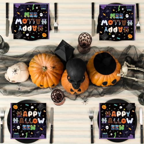 Black Halloween Napkins 50 Pack - Cute Monster & Pumpkin Party Table Decor Variation