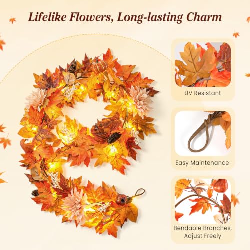 Burnt Orange Fall Garland with Lights - 6ft Autumn Decor with Fruits & Dahlia