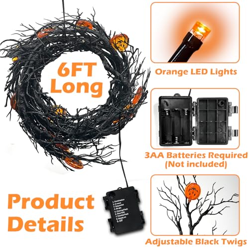 6 Ft LED Halloween Willow Vine Garland with Pumpkin Lights - Waterproof & Timer