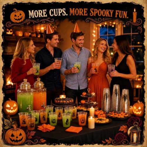 Halloween Plastic Cups 12 oz - Skeleton Pumpkin Witch Spider Skull - 100 Pack - Halloween Sketch Variation