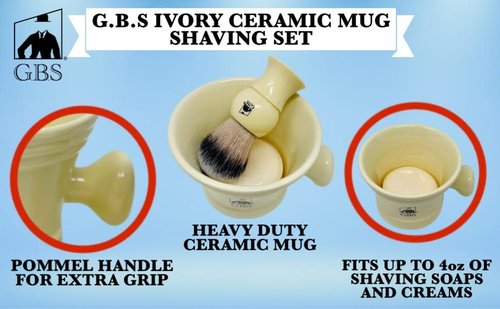 G.B.S Heavy Duty Ceramic Shaving Set – Ivory Mug with Knob Handle, Faux Ivory Handle Brush, 3 oz Natural Long-Lasting Lather Soap – Classic Wet Shaving Kit for Men