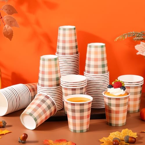 Fall Plaid Paper Cups 9oz - Thanksgiving Orange Green Checkered Party Cups - 100 Pack
