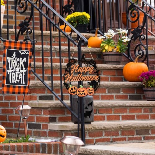 Halloween Wooden Ghost Door Sign Wreath - Large Pumpkin & Black Cat Variation
