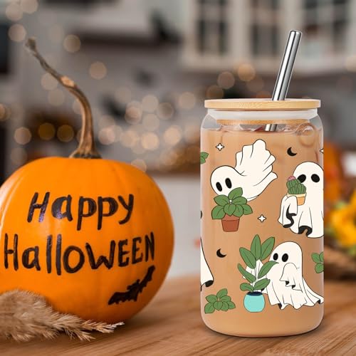 16 oz Glass Coffee Cup with Lid & Straw - Ghost Plant Design, Spooky Halloween Gift
