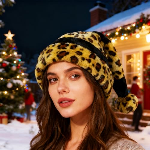Leopard Santa Hat Unisex Christmas Party Hat with Fluffy Pompom - Holiday Costume Accessory