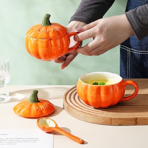 Halloween Pumpkin Coffee Mug with Lid and Spoon - Orange Ceramic Tea Cup - Fall Autumn Soup Bowl & Gift