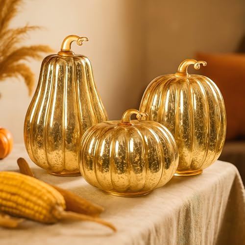 Gold Mercury Glass Pumpkin Light Set - Fall Harvest Halloween Decor