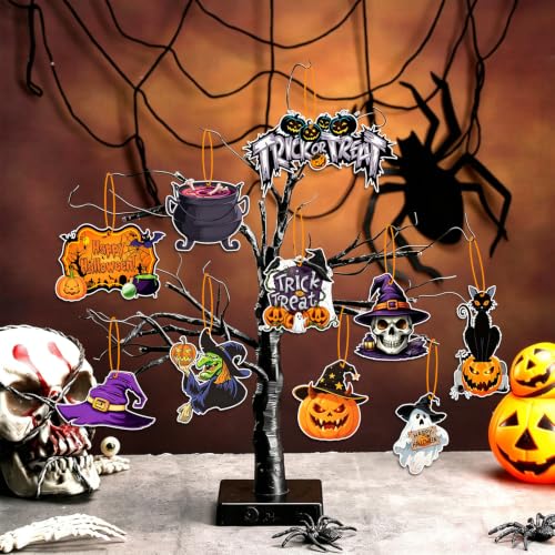 Halloween Wooden Tree Ornaments Set - 36 Spooky Holiday Decorations
