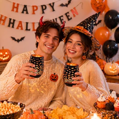 Halloween Bat Wine Glass Set - 2 Black and Orange 16oz Stemless Cocktail Glasses