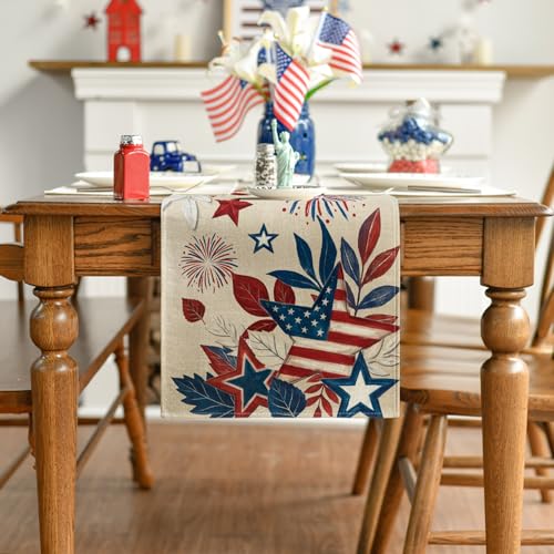 American Flag Fireworks Table Runner 13x60 Inch - 4th of July Memorial Day Home Decor