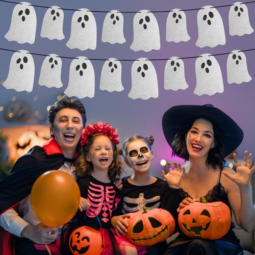 Halloween Ghost Banner Decorations - 3 Pack White Glitter Hanging Spooky Party Garland - Variation: Ghost