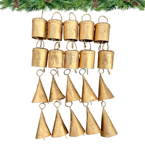 Antique Gold Jingle Bells Set of 20 - Rustic Metal Christmas Decorations with Hanging Loops - Cylinder & Cone Styles