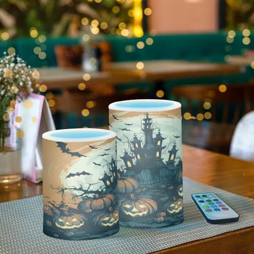 Halloween Pumpkins Castle Bat Flameless Candles Set of 2 with Remote & Timer