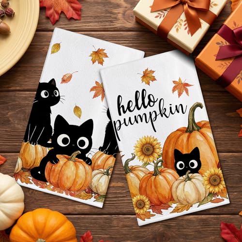Hexagram Fall Kitchen Towels Set - Black Cat & Pumpkin Design, 18 x 28 Inches