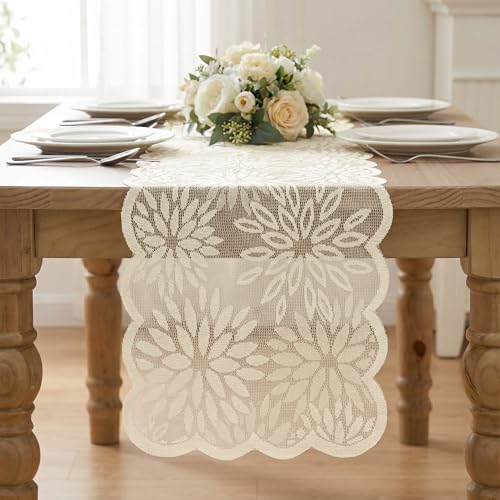Artoid Mode Lace Jacquard Dahlia Table Runner 13x72 Inch Beige