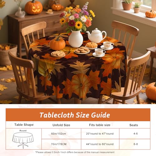 Pumpkin Fall Round Tablecloth 60 Inch - Autumn Thanksgiving Decor - Maple Leaf Black Variation