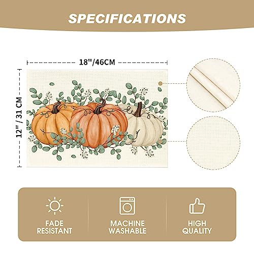 Rectangular Fall Placemats Set of 4 - 12x18 Inch Orange Pumpkins & Eucalyptus Leaves