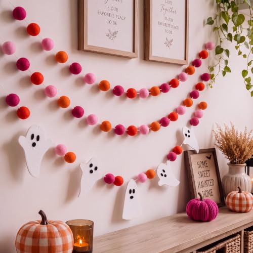 Halloween Felt Ghost Garland - 8.2ft Felt Ball Banners for Party Decoration, Variation of Ghost & Red Pink