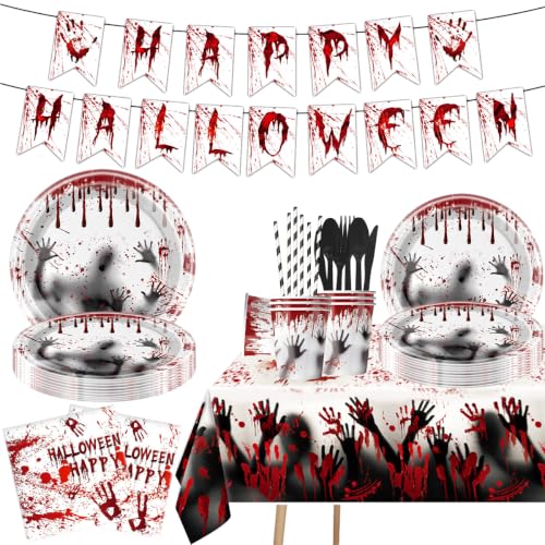 Halloween Bloody Tableware Set with Plates Cups Napkins & Banner - 107 Pieces