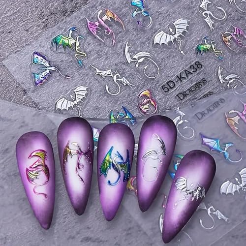 Halloween 5D Embossed Nail Art Stickers - Silvery Bat & Dragon Pattern - Q2 Variation