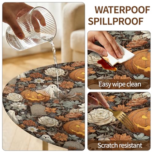 Halloween Round Fitted Tablecloth 36 Inch for 31-35 Inch Tables - Spooky Party Decor