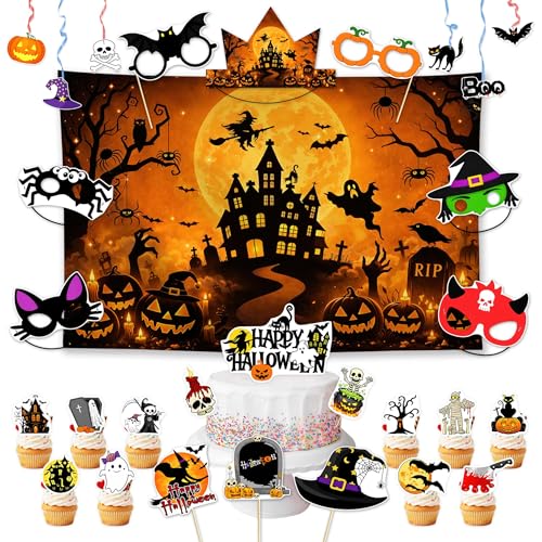 Halloween Party Decorations Set with Backdrop, Headbands, Masks, Cupcake Toppers & Photo Booth Props