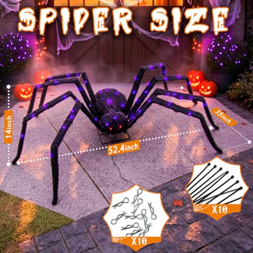 Giant Outdoor Halloween Spider Decoration 4.3ft Lighted Black Spider with 6 Modes & 100 LED Lights
