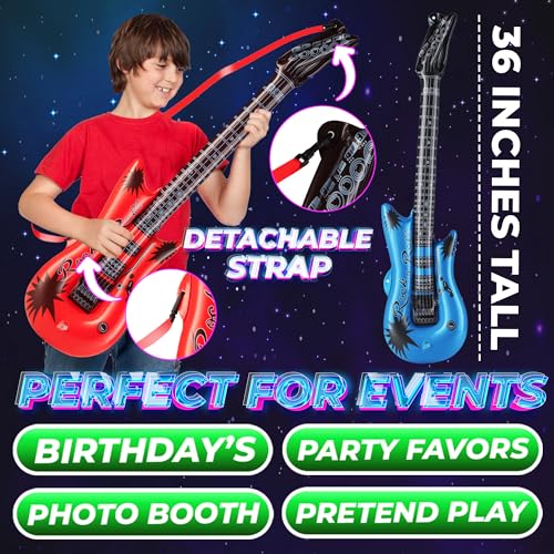 12-Pack 36-Inch Inflatable Guitars Kids Party Favors Neon Colors - Rock Star Party Props