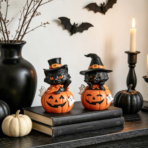 Halloween Black Cat Pumpkin Decor Set of 2 - Spooky Fall Home Party Decorations - Black & Orange