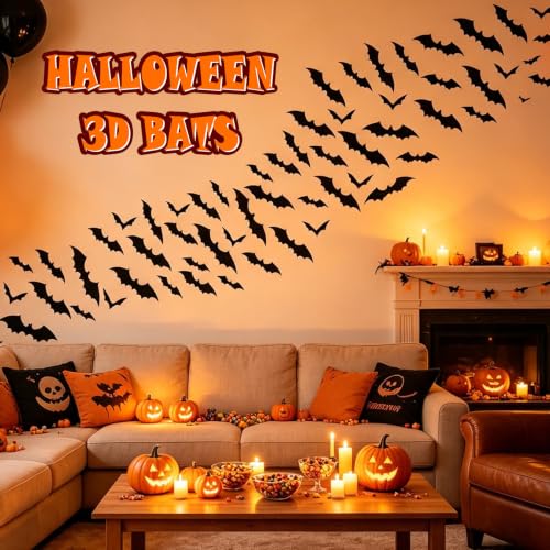 Halloween 3D Bat Wall Decor Set - 140 PVC Flying Bat Cutouts for Haunted House & Party