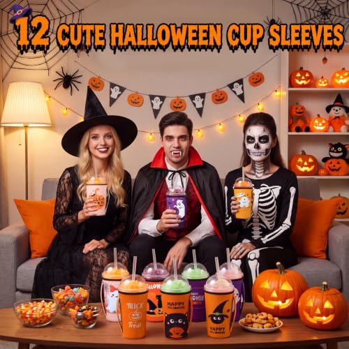 Halloween Orange 30 oz Reusable Neoprene Tumbler Sleeve with Handle - 12 Pack